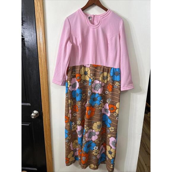 VTG 70s Sz 14 Pink Floral Maxi Dress High Waist Mod Retro Hippie Festival Garden - Picture 1 of 11